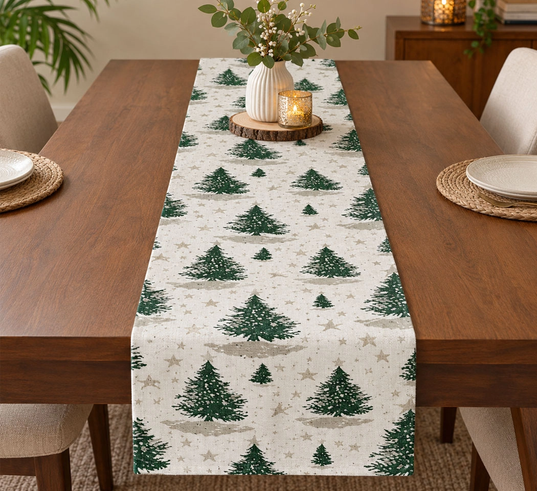 Rustic Evergreen Pine Trees Woven Table Runner – 14